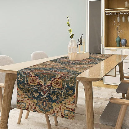 Boho Bohemia Style Table Runner, Country Rustic Farmhouse Vintahe Colorful Geometry Print Table Runner for Home Kitchen Dinner Party Holiday Decor, 13x90inch