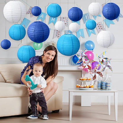 Riakrum 16 Pcs Blue and White Paper Lanterns Birthday Party Decorations Mixed Size 6'' 8'' 10'' 12'' Colorful Chinese Hanging Paper Lanterns for Wedding Home Decorations Supplies