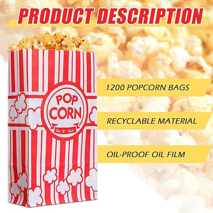 1200 Pcs Paper Popcorn Bags Bulk 2 oz Large Flat Bottom Boxes Red and White Disposable Container Sleeve Movie Night Popcorn Bucket for Retro Movie Themed Party Carnival Supplies (Red and White)