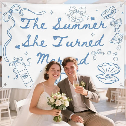 The Summer She Turned Married Backdrop - Beach Wedding Party Decorations - Bridal Shower Bachelorette Party Background Blue
