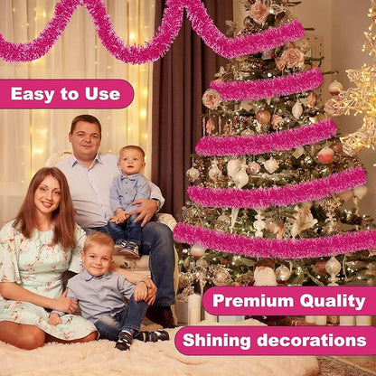 50 Feet Pink Christmas Tinsel Garland, Metallic Foil Twist Banner Wall Hanging Tinsel Streamers Backdrop for Parade Floats, Christmas, Mother's Day, Birthday Party Decorations(2in x 50ft)