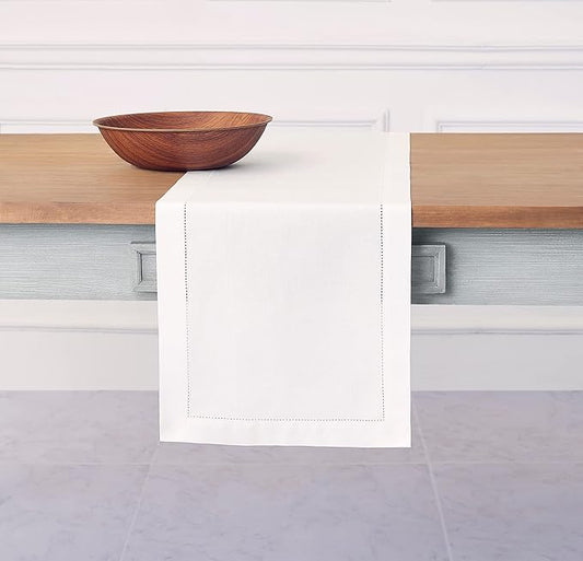 Solino Home White Table Runner 156 Inches Long - Cotton Linen Hemstitch Extra Long Table Runner 14 x 156 Inch for Fall, Autumn, Halloween, Thanksgiving, Christmas, Holiday