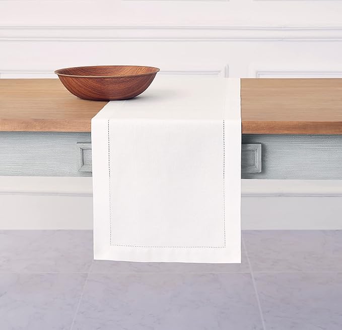 Solino Home White Table Runner 36 Inches - Cotton Linen Hemstitch Coffee Table Runner 14 x 36 Inch Ideal for Dresser Tables - Fall, Autumn, Halloween, Thanksgiving, Christmas, Holiday
