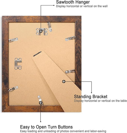 8x10 Picture Frame Set of 4, High Definition Glass 8 x 10 Frame, Wood Rustic Photo Frames for Horizontal or Vertical Display Tabletop and Wall Mounting