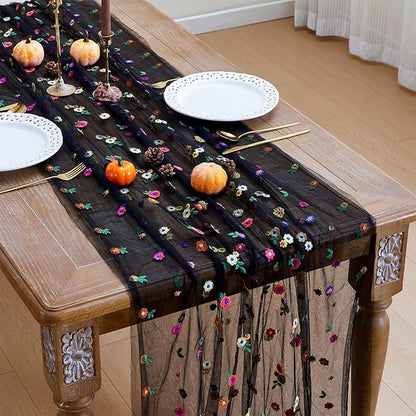 JIALE 3 Pack Black Floral Table Runner, Embroidery Daisy Seasonal Table Decorations, 120Inch 10FT Tulle Fabric for Home Decor, Bridal Shower Wedding, Baby Shower Parties, DIY Craft