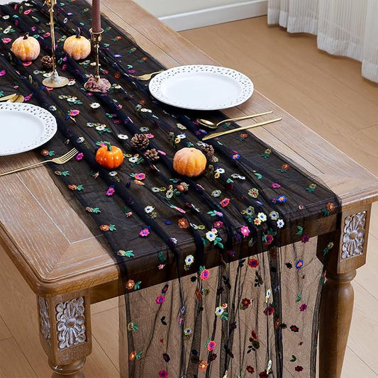 JIALE 3 Pack Black Floral Table Runner, Embroidery Daisy Seasonal Table Decorations, 120Inch 10FT Tulle Fabric for Home Decor, Bridal Shower Wedding, Baby Shower Parties, DIY Craft