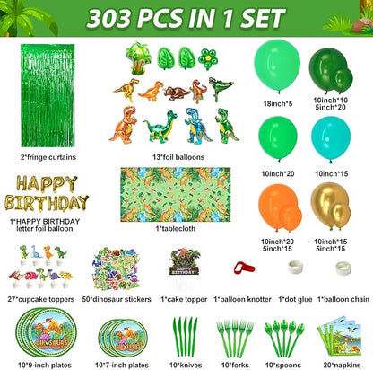 Dinosaur Party Decorations, Dinosaur Birthday Party Supplies for Kids Include Dino Foil Balloons, HAPPY BIRTHDAY Banner, Cake Toppers, Plates, Napkins, Curtains & Customized Tablecloth