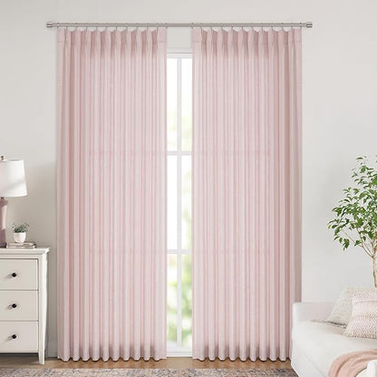 Vision Home Soft Pink Pinch Pleated Semi Sheer Curtains Textured Linen Blended Light Filtering Window Curtains 102 inch for Living Room Bedroom Patio Pinch Pleat Drapes with Hooks 1 Panel 60" Wx102 L