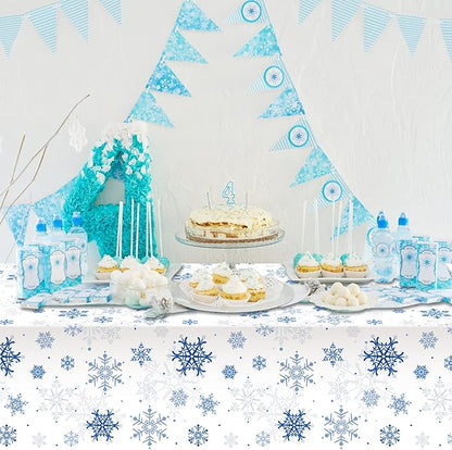 8 Pieces Snowflake Christmas Party Tablecloth Decorations,Plastic White Snowflake White Blue Xmas Backdrop Sign Table Cover Banner for Winter Christmas Holiday Party Supplies,54x108 inch（White/Blue）