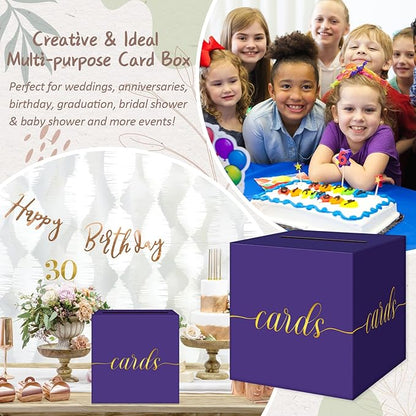 QIKSION Purple Graduation Card Box, Gold Foil Gift Card Box for Graduation, Party, Wedding Reception, Birthday, Baby Shower, Raffle