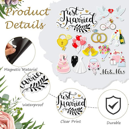 16 Pcs Just Married Car Decorations Include 14 Assorted Ornate Car Magnets Just Married Window Decal and Cardstock Sign Banner Wedding Decorations for Bridal Shower Honeymoon Photo Props