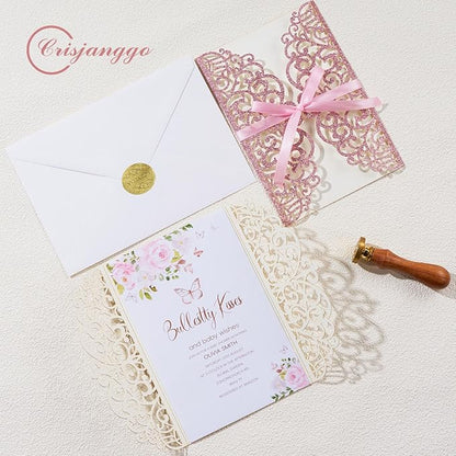 25pcs Glitter Laser Cut Wedding Invitation Kits Pink Personalized Invitation Pockets 5×7 Invitations with Envelopes and RSVP Cards Blank for Wedding Quinceanera Bridal Shower Engagement Birthday Party