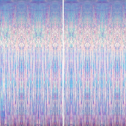 GOER 6.4 ft x 6.5 ft Metallic Tinsel Foil Fringe Curtains,Pack of 2 Party Streamer Backdrop for Mermaid Birthday Party Decorations(Neon Blue)