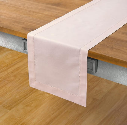 Solino Home Pink Table Runner 90 Inches Long - Cotton Linen Hemstitch 14 x 90 Inch Table Runner for Dining, Fall, Autumn, Thanksgiving, Christmas