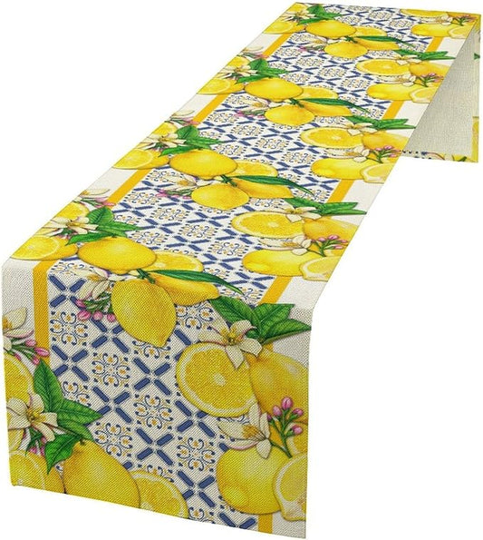 Lemon Table Runner,Spring Summer Seasonal Yellow Blue Table Runner for Kitchen Dining Table Home Party Decoration 13x90 Inch