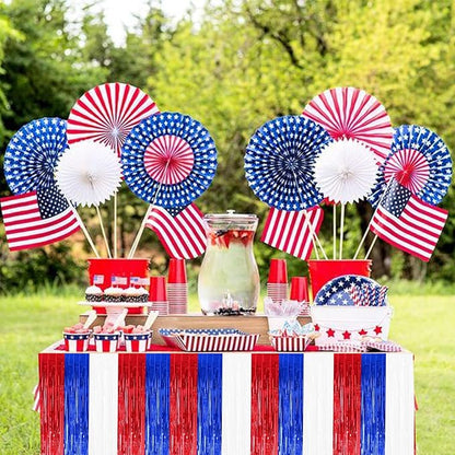 BEISHIDA 2 Pack Metallic Tinsel Foil Fringe Table Skirts for Rectangle & Round Tables Red, Blue, White Kids' Birthday, Holiday Cartoon Party Decorations Birthday, July 4th, Baby Shower, Festive Events