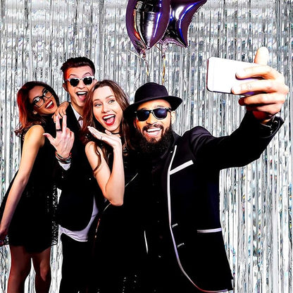 4 Pack Silver Foil Fringe Curtain Backdrop, 3.28Ft x 8.2Ft Metallic Tinsel Foil Fringe Streamer Curtains for Photo Booth Props, Birthday, Wedding, New Year’s, Christmas Decoration Party Supplies