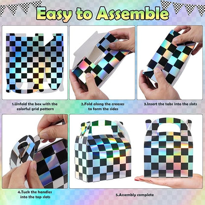 24 Pcs Iridescent Checkered Race Car Party Favor Gable Boxes, Paper Black and Iridescent Car Goodie Treat Boxes, Racecar Laser Plaid Gift Box for Kids Fast Race Cars Birthday Party Decorations