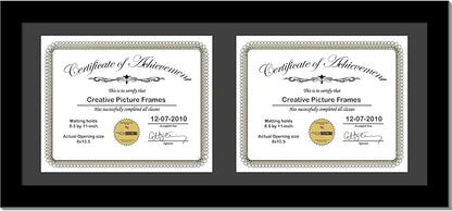 Creative Picture Frames 10X24Bk-B Black Horizontal Double Diploma Frame With 2 Opening Black Mat, Holds 2-8.5 By 11-Inch Documents With Wall Hanger