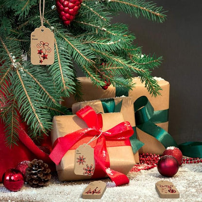 LOKIPA 120 Pieces Christmas Kraft Paper Gift Tags Hang Labels with Red and Black Plaid Snowflake Christmas Tree Elk Patterns and 230 Feet Twine Rope for Christmas