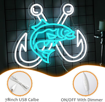LISIGNVE Crossed Fish Hooks Neon Sign Fishing Led Neon Light for Wall Decor Fish On Light up Sign for Fishing Gear Store Yacht Gift for Father Boy(16.5 * 12.6 In)