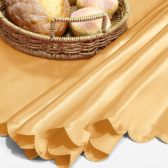 KKJIAF 1 Pack Round Table Cloths 90 Inch, Gold Overlay Round Satin Table Cover, Silky Satin Dining Tablecloths for Wedding Buffet Parties Banquet Decoration