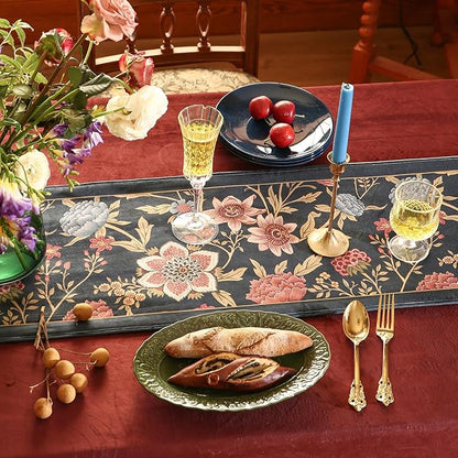 patdrea Designer Vintage Black Floral Velvet Table Runner 71 Inch Long, Pink Khaki Bouquets Pattern Table Mat, Decoration for Kitchen Dining Coffee Table Cabinet Banquet Thanksgiving,12"*71"