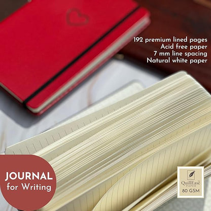 SETTINI Lined Journal, Ideal for Journaling - A5 Vegan Leather Notebook, 192 Archival-Quality Pages, QuillEase Bleed-Free Paper, Inner Pocket & Bookmark - Love Journal for Women, Red Heart