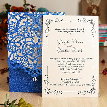Hosmsua 50PCS Wedding Invitations Cards 5 x 7.3 Inch Laser Cut Hollow Rose Invitation with Rhinestone for Bridal Shower Engagement Quinceañera (Royal Blue Glitter)