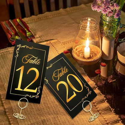 Black Gold Wedding Table Numbers 1-20 With 21 Gold Holders - Set of 21 Table Cards for Wedding Reception