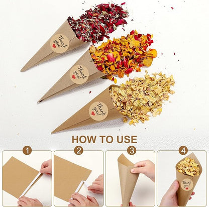 PATIKIL Dried Flower Confetti Cones, 30Pcs Paper Tapers Cone Holder with Dried Rose Petals / Sticker for Wedding Party Engagement Birthday DIY Decoration, Light Yellow/Pink