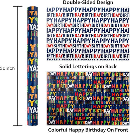 Yarcony Reversible Birthday Wrapping Paper Roll - 17 Inch X 16.5 Ft(23.4 Sq.Ft.Ttl) - Creative Colorful Happy Birthday Lettering & Candle Navy Blue Gift Wrap for Party, Baby Shower & Holiday