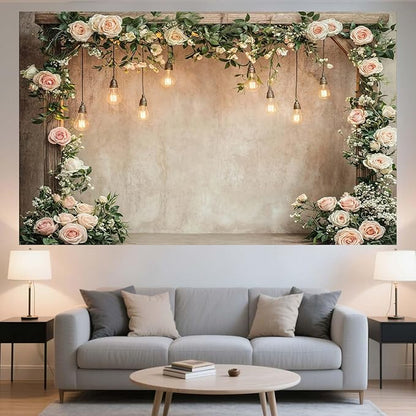 9x6ft Country Wedding Photography Backdrop Floral Rustic Roses Farmhouse Wooden Door Backdrop Pink Flower Birthday Baby Shower Wedding Bridal Party Banner Photo Booth Props Anniversary Background