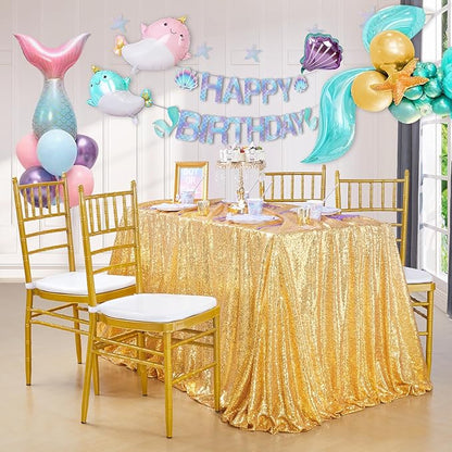 QueenDream Glitter Gold Tablecloth for Parties 90x156 Inch Sequin Fabric Rectangle Table Cloth for Wedding Birthday Banquet