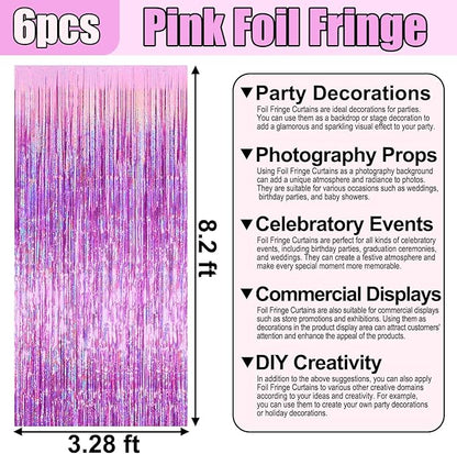 6 Pack Pink Foil Fringe Curtain Backdrop, 3.28Ft x 8.2Ft Metallic Tinsel Foil Fringe Streamer Curtains for Photo Booth, Birthday, Wedding, New Year Party Decorations