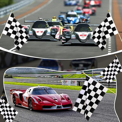 12 Pack Checkered Small Stick Flag 12x18 Inch Black and White Racing Hand Held Race Car Flags Decorations