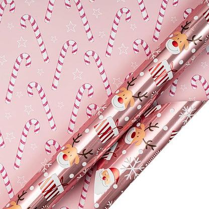 LeZakaa Christmas Pink Wrapping Paper Jumbo Roll, Santa Claus & Candy Cane, Metallic Foil, Rose Gold Foil Reversible Design for Festive Winter Holiday, Family Gathering, 30 inches x 100 Feet