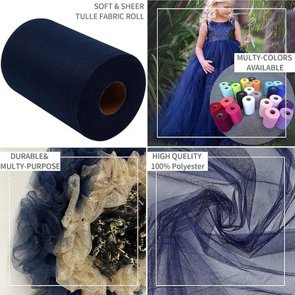 Navy Blue Tulle Fabric Rolls 6 Inch by 200 Yards (600 feet) Fabric Spool Tulle Ribbon for DIY Navy Blue Tutu Bow Baby Shower Birthday Party Wedding Decorations Craft Supplies