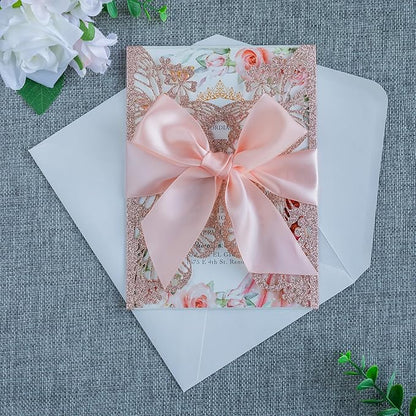 20 PCS 5.12x7.2 Butterfly Quinceanera Invitation, Laser Cut Wedding Invitation Cards with Envelopes for XV Anos Bridal Shower Baby Shower Invite (Rose Gold Glitter)