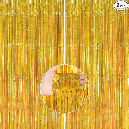 PartyWoo XtraLarge Foil Curtain Gold, 2 pcs 3.3x6.6 ft Tinsel Curtains for Birthday Wedding Party Photo Backdrop
