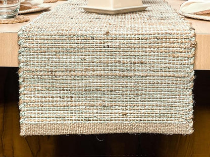 Chardin home Natural Jute Table Runner 13x72 Inch – Vintage Boho Rustic Table Decor – Handwoven Table Runner in Natural Jute and Sage Green-White – Farmhouse Dining or Console Table Accent