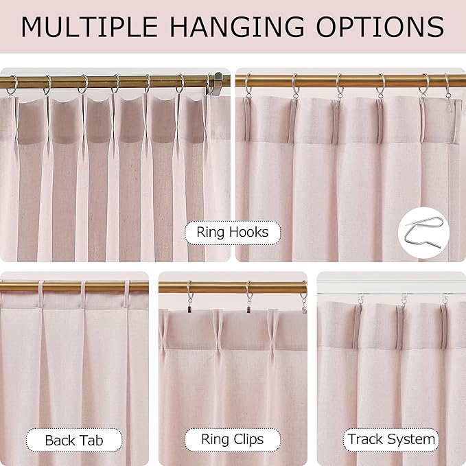 Vision Home Light Pink Pinch Pleated Semi Sheer Curtains Textured Linen Blended Light Filtering Window Curtains 90 inch for Living Room Bedroom Patio Pinch Pleat Drapes with Hooks 1 Panel 60" Wx90 L