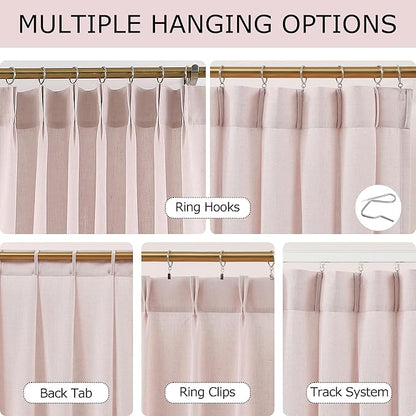 Vision Home Soft Pink Pinch Pleated Semi Sheer Curtains Textured Linen Blended Light Filtering Window Curtains 108 inch for Living Room Bedroom Pinch Pleat Drapes with Hooks 2 Panels 9ft 40" Wx108 L