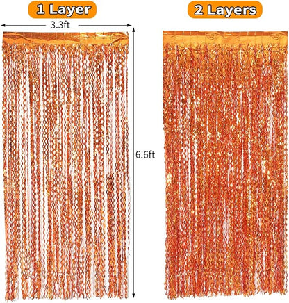 4 Pack Orange Wavy Metallic Tinsel Foil Fringe Curtains | 3.3 ft x 6.6 ft Party Streamer Backdrop Photo Booth for Orange Basketball Party Decorations Holloween Christmas