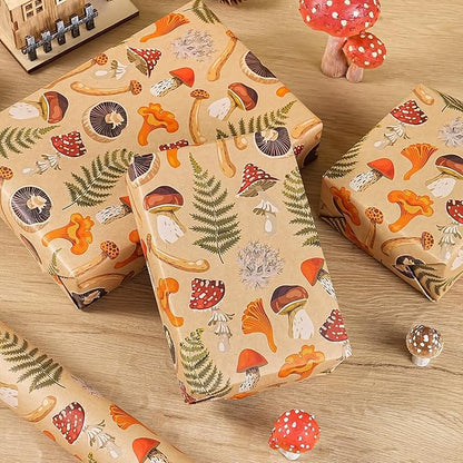 WRAPAHOLIC Kraft Mushroom Wrapping Paper Roll - Mini Roll - 17 Inch x 16.5 Feet - Mushroom Gift Wrapping Paper for Birthday, Baby Shower, Autumn