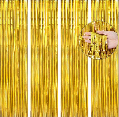 BTSD-home Gold Foil Fringe Curtain, Metallic Photo Booth Backdrop Tinsel Door Curtains for Wedding Birthday Bridal Shower Baby Shower Bachelorette Christmas Party Decorations(4 Pack, 8ft x 3ft)