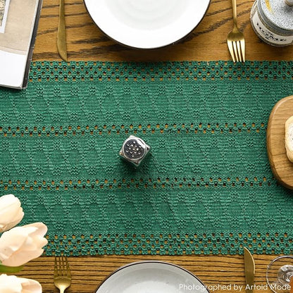 Artoid Mode Dark Green Farmhouse Woven Rustic Hollow Table Runner, Seasonal Holiday Hollow Kitchen Dining Table Decoration for Home Party Decor 12x48 Inch