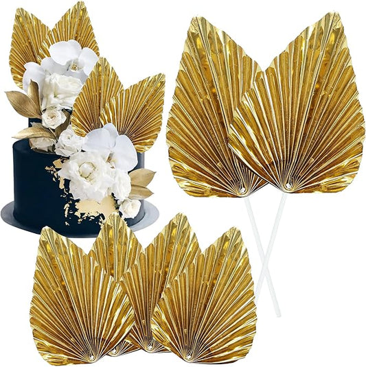 Gyufise 6Pcs Paper Palm Fan Cake Toppers Palm Spear Leaves Fan Cupcake Toppers Cake Insert Decorations Craft DIY Cake Bakeware Decoration for Birthday Party Wedding Party Decor Supplies Light Gold