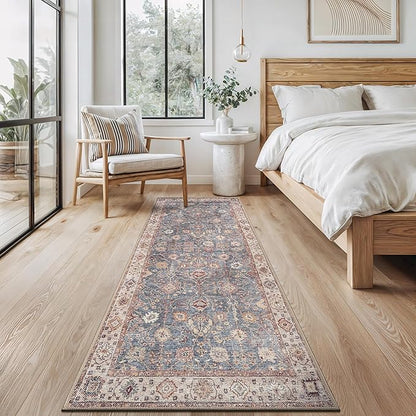 Bloom Rugs Washable Non-Slip 10 ft Runner - Beige/Blue Traditional Bordered Runner for Entryway, Hallway, Bathroom, and Kitchen - Exact Size: 2.5' x 10'