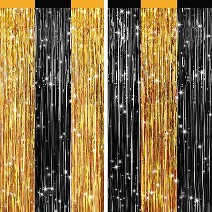 2Pack Black Gold Metallic Tinsel Foil Fringe Curtains, Door Streamers Photo Booth Backdrop for Birthday Party, Tinsel Curtain Backdrop for Wedding Baby Shower Bachelorette Christmas Party Decorations